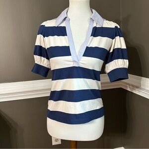 Anthropologie Maeve Navy and White Striped Polo-Style Short Puffy Sleeve Top